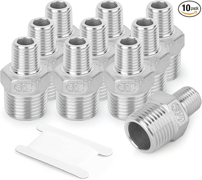 TAISHER 10PCS Cast 304 Stainless Steel Hex Nipple, Reducer Pipe Fitting 3/8-Inch Male Pipe x 1/4-Inch Male Pipe