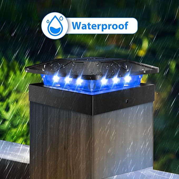 Peasur 4 Packs 4x4 Solar Post Lights Outdoor, Blue & Warm White LED Fence Caps Light Waterproof, Wood & Vinyl Post Top Lighting for Deck Mailbox Railing Porch Outside