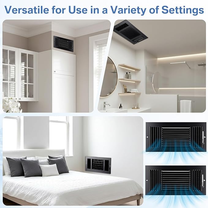 6 Pcs Black 14 x 6 Inch Three-Way Ventilation Register Air Ceiling Vent Cover Floor Register Metal Heat Vent Covers with Rust Proof for Wall Ceiling Home Bathroom Toilet or Office