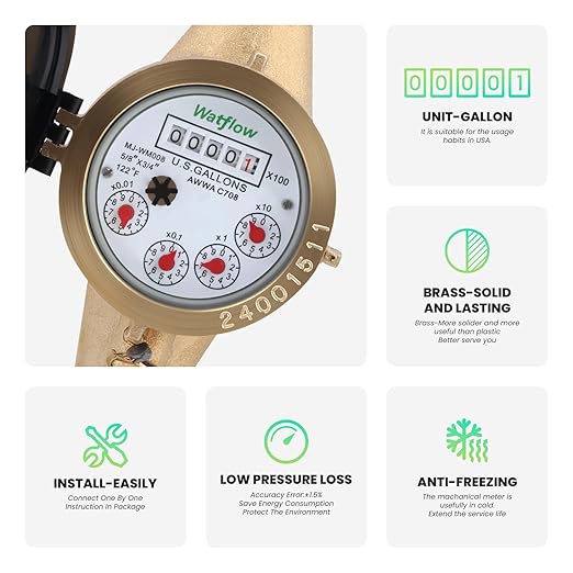 Watflow DN20 Water Meter 3/4" NPT, AWWA 708 Certification Gallon Water Flow Meter, Cold Water Meter for Garden/Home/Apartment, Horizontal Install.