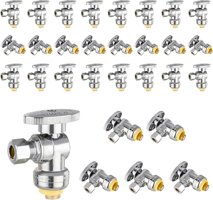 30-Pack Foskan Push Fit Angle Stop Valve,1/4 Turn Shut off Valve 1/2" Push Fit x 3/8" OD,Chrome Plated Brass