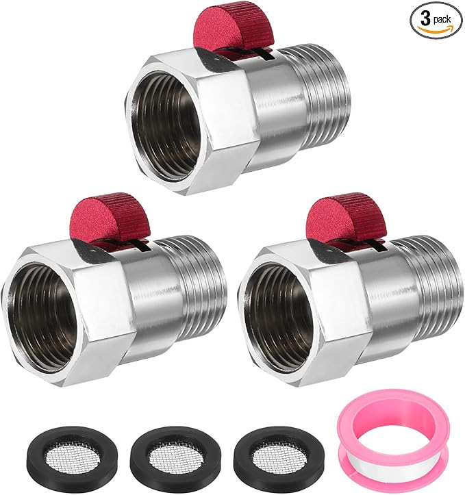 uxcell 3 Set G1/2" Female x Male Shower Shut Off Valve, Brass Water Flow Control Valve for Shower Head with Hose Flow Restrictor, Red
