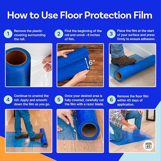 TapeManBlue Floor Protection Film, 36" x 200', Made in USA, Blue Self Adhesive Floor Protector Tape for Moving, Painting and Construction, Temporary Covering to Shield Hardwood, Tile, Hard Surfaces