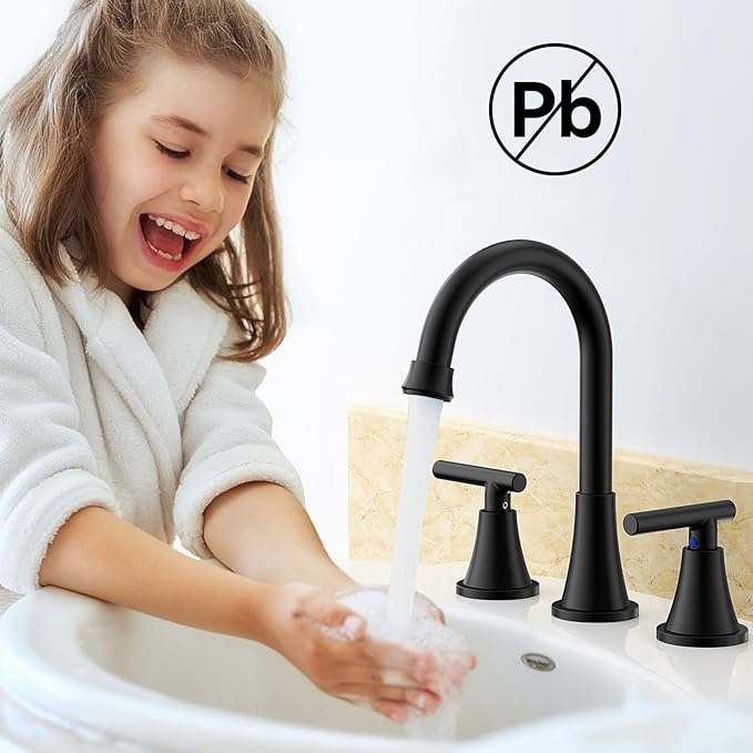 Bathroom Faucets for Sink 3 Hole, Hurran Matte Black Bathroom Sink Faucet with Pop-up Drain and Supply Lines, Stainless Steel Lead-Free Widespread Faucet for Vanity RV Farmhouse Sink
