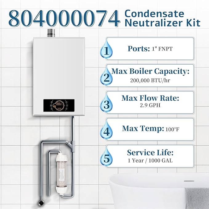 Replacement for Rinnai 804000074 Condensate Neutralizer Kit, 804000074 Neutralizer Kit with Chrome, Corrosion Protection for Tankless Water Heaters, Acid Condensate Neutralizer with Wall Installation