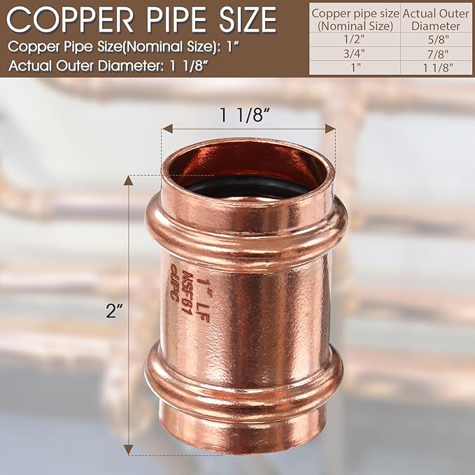 Copper Press Fittings,1inch Copper Coupling with Stop 1-Inch PxP Zero Lead,Outer Diameter 1-1/8”,6PCS Press Fittings 1” Coupling with Stop for Plumbing,Use with Hydraulic Press Fitting Tool