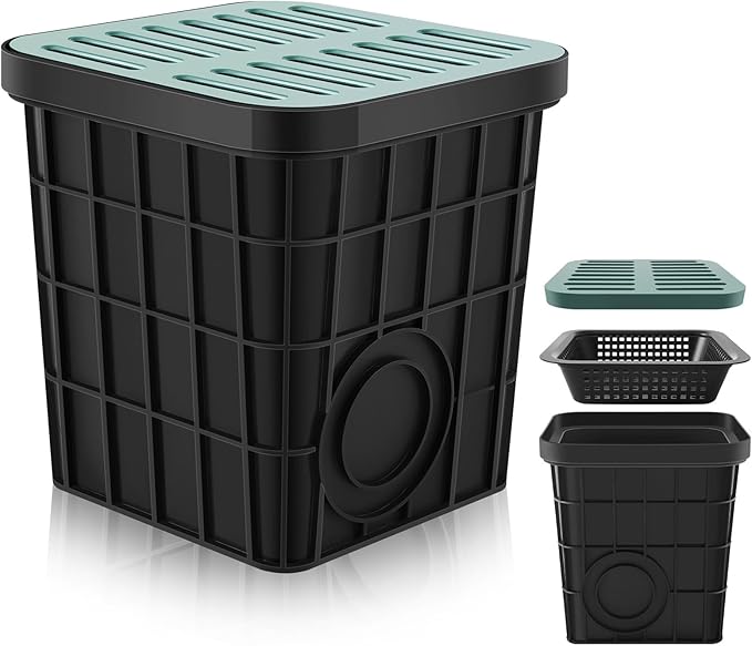 Catch Basin with Grate 15 x 15 x 15 Inch Square Large Catch Basin for Drainage with Debris Basket French Drain Without Reserved Hole for Yard, Downspout, Lawn, Municipal Pipeline