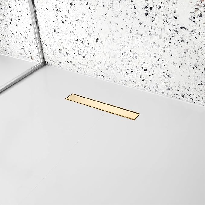 24 inch Linear Shower Drain with Removable Square Hole Panel by Using Brushed 304 Stainless Steel Process, Linear Drain Equipped with Adjustable Feet and Hair Strainer(Brushed Gold Color)