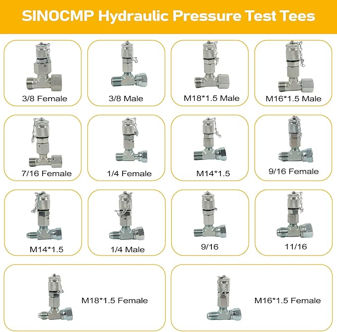 SINOCMP 14Pcs Tee Fittings Hydrulic Presure Test Connector Set Coupling for Construction Machinery Excavator