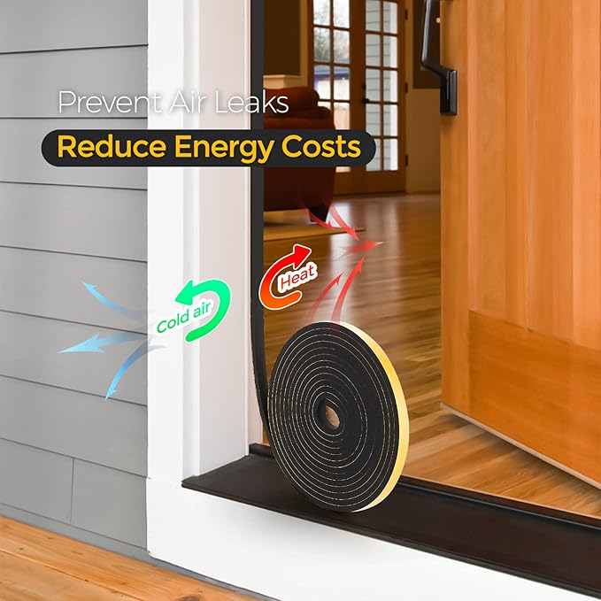 10 Feet Weather Stripping Door Seal, 3/4" Wide X 5/16" Thick Door Seal Strip High Density Foam Tape Adhesive Strip for Door Soundproofing,Window Insulation (3/4" x 5/16" x 10FT,Black)