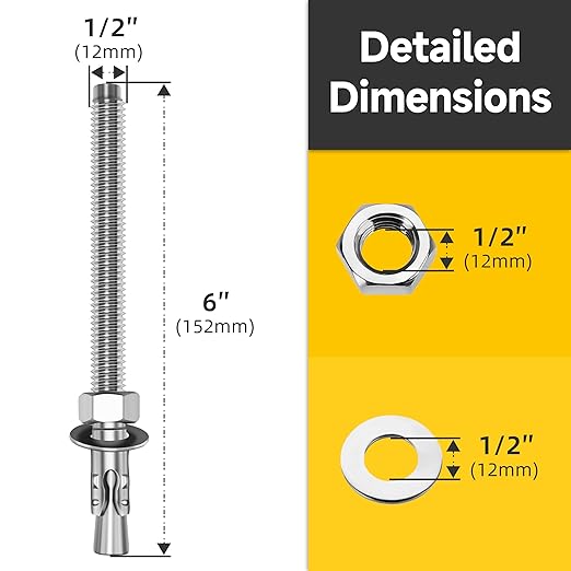 Mywish 1/2 x 6 Inch Wedge Anchors, 5Pcs 304 Stainless Steel Industrial 1/2 Heavy Duty Industrial Masonry Wdege Anchor Bolts for Brick Cement and Concrete, Bright Finish