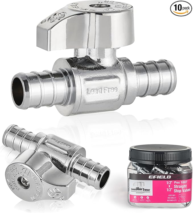 Pro 10-Pack EFIELD 1/4 Turn Straight Stop Valve, Pex Crimp 1/2" X 1/2" Pex, Chrome Plated LF Brass, ASTM F1807, Heavy Duty,(VALVE382)