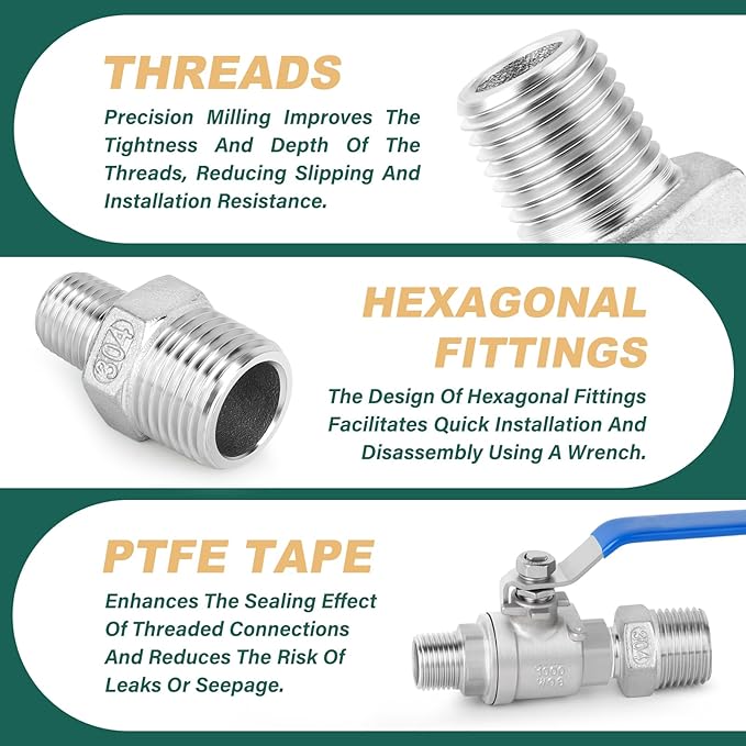 10PCS 304 Stainless Steel Reducing Hex Nipple, 3/8" x 1/4" Male NPT Straight Head Pipe Adapter Fittings, Reducer Nipples Connectors for Oil, Water Line, Gas
