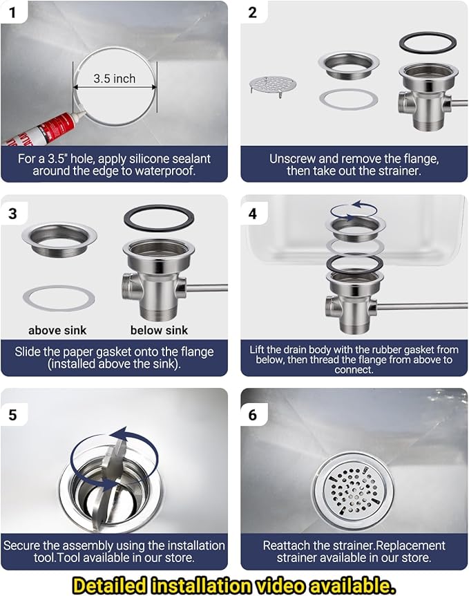 3-1/2" Commercial Sink Drain with Twist Lever Handle, Waste Drain Valve with Overflow Inlet for Restaurant 2/3 Compartment Sink, Easy Controll, Block-Free and Leakproof