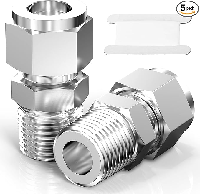 TAISHER 5PCS 304 Stainless Steel Compression Tube Pipe Fitting Connector, 1/4" Tube OD x 1/4" NPT Male Straight Adapter