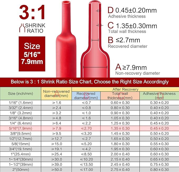 Chanzon 3:1 Ratio - 80ft Roll - Heat Shrink Tubing 5/16" (7.9mm) - Marine Grade Waterproof Adhesive Lined - (25M Total Length) Red Polyolefin Sleeving Wrap Shrinking 3 to 1 Ratio 1pcs