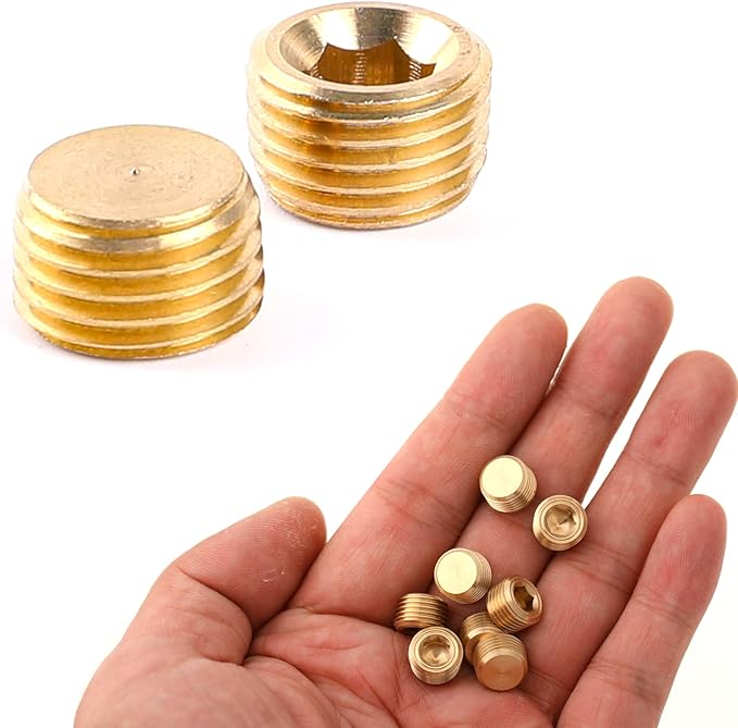 1/8" NPT Male Plug Fitting Set, 10 PCS Brass Plug Hex Counter Sunk Plug for Closing the End of, Internal Hex Socket Thread Socket Plug Kit