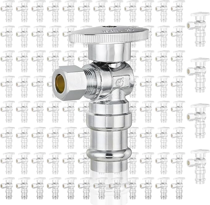 100-Pack GUOFIS Angle Stop Valve,1/2" Nominal Press Inlet x 3/8" OD Compression Outlet,1/4-Turn Shut-off Valve for Potable Water(Chrome Plated)(VALVE393-100Pack)