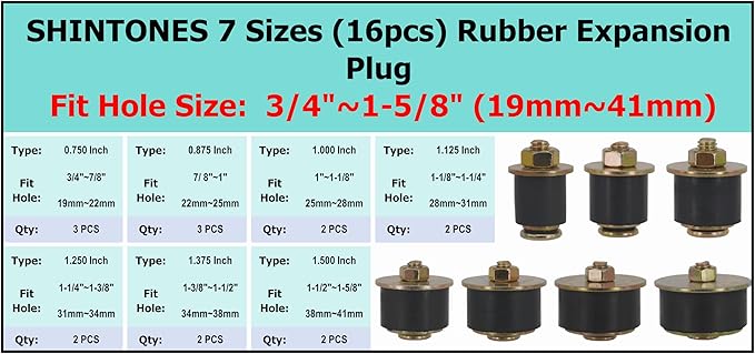 16pcs Automotive Rubber Expansion Plug, 7 Sizes Rubber Expandable Freeze Plugs Kit Fit Hole Size:3/4" 7/8" 1" 1-1/8" 1-1/4" 1-3/8" 1-1/2" (19mm~41mm)