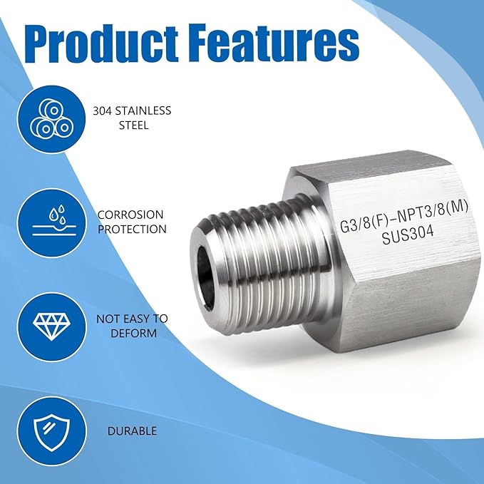 2 Piece G3/8 Female (1.55cm)-NPT3/8 Male (1.65cm) Threaded Fitting, Reducer Adapter,304 Stainless Steel Sensor Gasket Adapter Extender.
