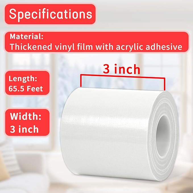 Birllaid White Window Weather Sealing Tape, Window Insulation Air Conditioner Seal Tape, 3 Inch x 65 FT Waterproof Blocker for Cold Heat Air, Windproof, No Residue Strong adheisve