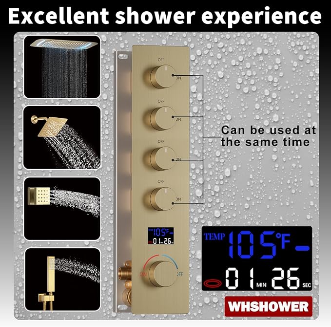 4 Way Shower Diverter Valve with Temperature Display Brass Rough-In Shower Mixing Valve Kit Replacement Can Work At The Same Time, Brushed Gold