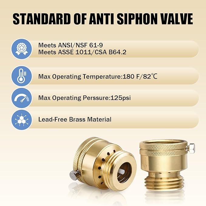 2 PCS Brass Vacuum Breaker, 3/4'' Solid Lead-Free Compliant Brass Anti-Siphon Hose Bib Valve, Backflow Preventer for Garden Hose Check Valve, Garden Spigot RV