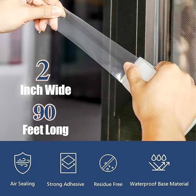 Heavy Duty Window Weather Sealing Tape - Transparent Window Tape for Winter and AC Insulation, No Mess Winter Window Seal Kit - 2 Inch Wide 90 FT Long