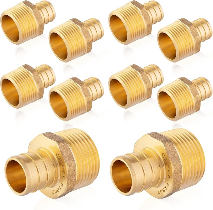10-Pack HeSun PEX Fittings, 1" PEX x 1" Male NPT, Brass Crimp Male Adapter Fitting, ASTM F1807(PEX1807278)