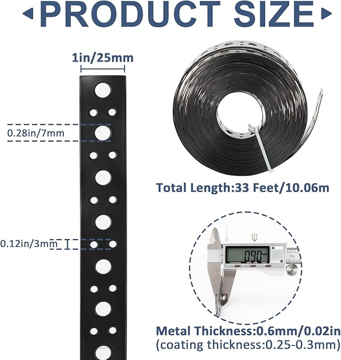 Metal Strap 1-Inch x 33FT 0.6mm Thickness for Pipe Support Pipe Hanger Strap Metal Strapping with Holes Black