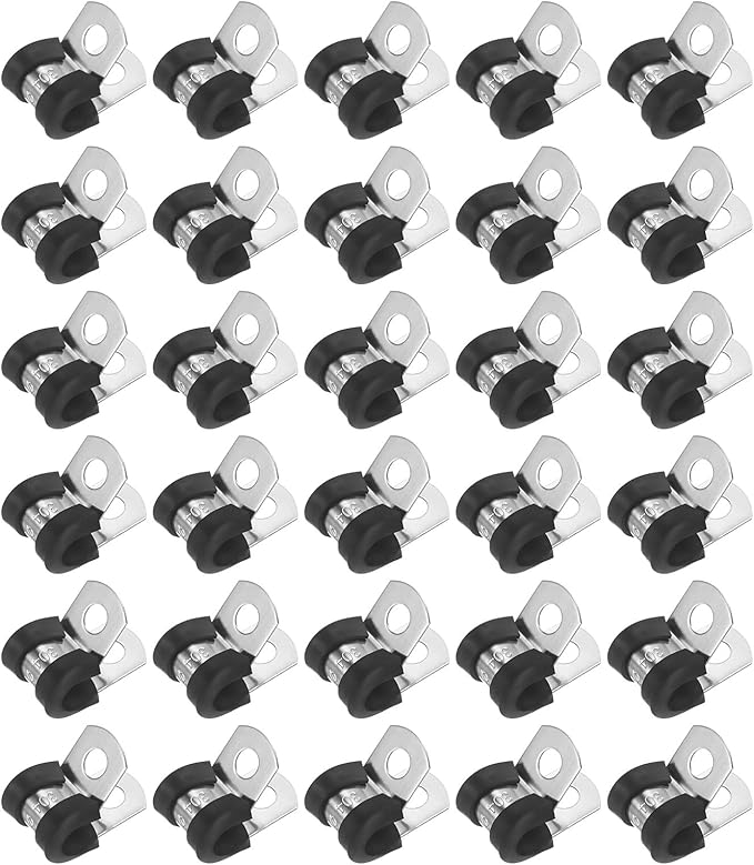 30-Pack Cable Clamps, 15/64 inch/ 6 mm 304 Stainless Steel Rubber Cushioned Insulated Cable Clamp R Shape Metal Holder for Tube/Wire/Pipe/Loop Installation