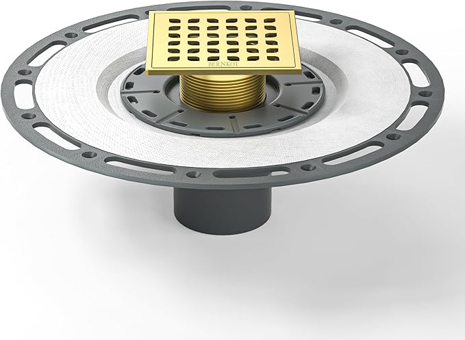 Square Shower Drain 4" Polished Gold 304 Stainless Steel Drain Grate Removable Drain Key with PVC Bonding Flange Base for Low Profile Shower Floor Tiles