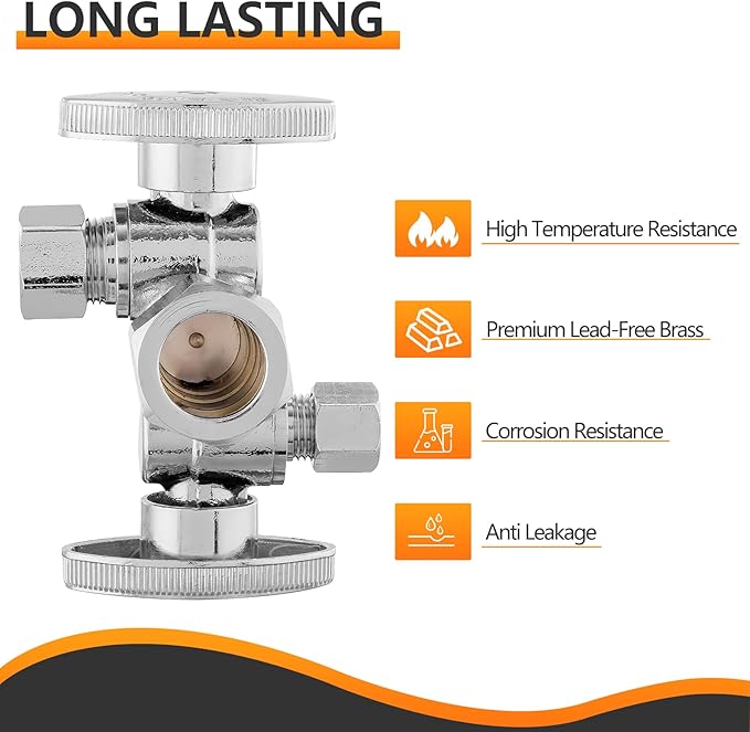5-PCs HeSun Dual Shut Off Angle Valve, 1/2" Nominal (5/8"OD) x 3/8" OD x 1/4" OD Compression, 1/4-Turn Stop Valve with 2 Shut Offs, PEX Chrome Plated Brass(VALVE137-5)