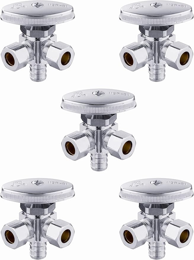 (Pack of 5) EFIELD Dual Outlet Angle Stop Valve, Multi-Turn,1/2" Barb Crimp Pex Inlet x (3/8 inch x 3/8 inch) Compression Outlet, Chrome Plated,(VALVE063-5PCS)
