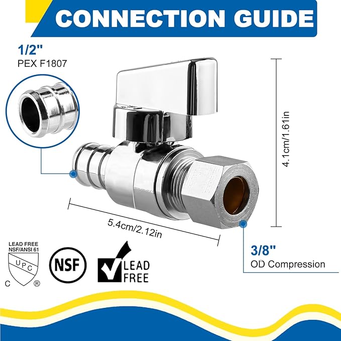 1/4 Turn Straight Stop Valve, 1/2" Crimp Pex F1807 X 3/8" OD Compression For Toilets And Faucets (Pack of 6)