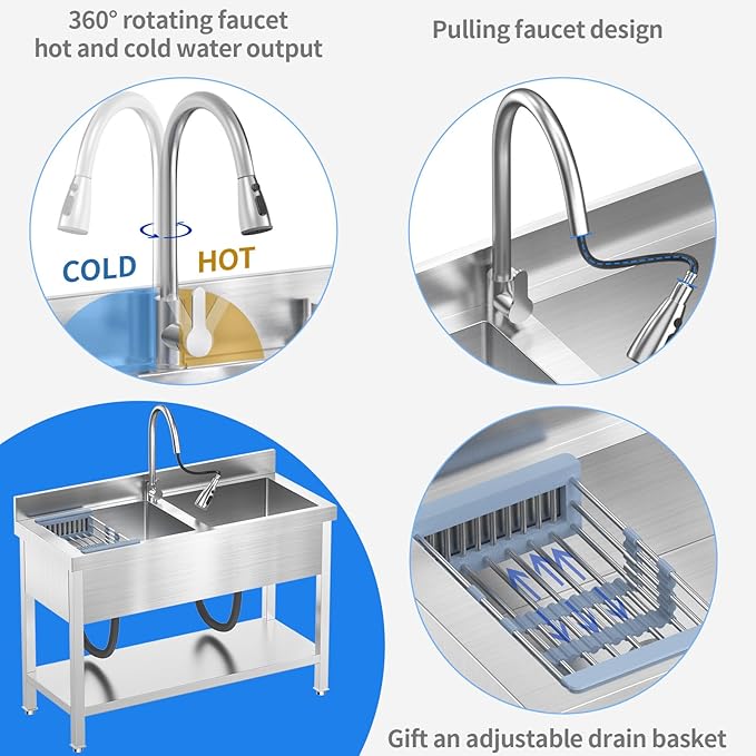 46.9Inch Stainless Steel Utility Sink 2-Compartment Commercial Sink with Pull-out Faucet, Free Standing Double Bowl Kitchen Sink for Restaurant, Garage, Shop, Cafe