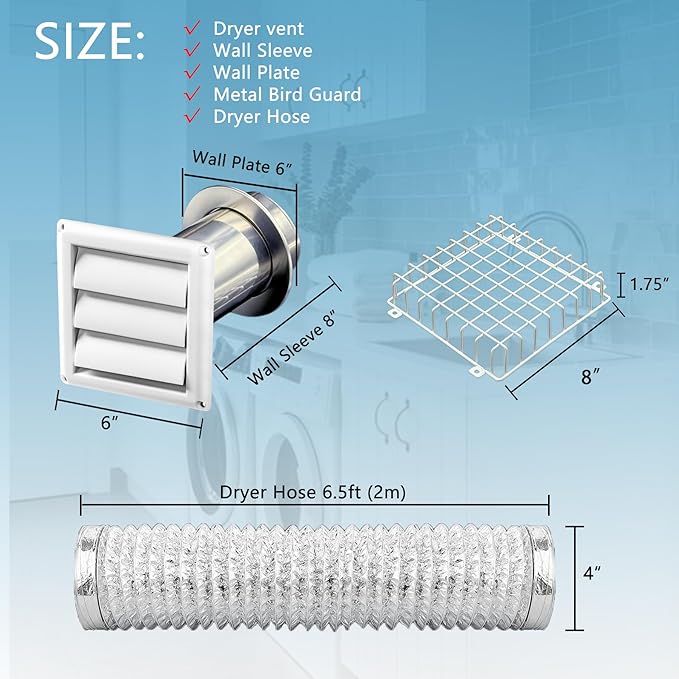 Dryer Vent Kit 4 Inch with Metal Bird Guard, Wall Sleeve & Wall Plate, Hose Connector Wall Venting Kit for Cloth Dryer AC Ventilation Exhaust Fan Ceiling Fan, Low Profile, White