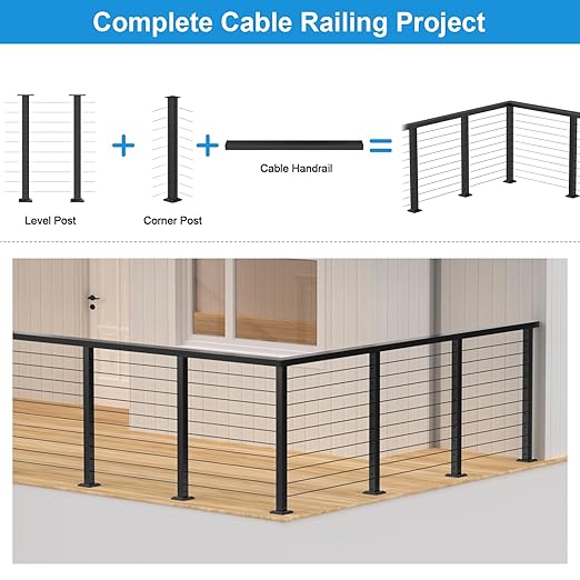 36" Cable Railing Corner Post, Stainless Steel Flat Top Deck Corner Post with Cable Grommets, 2"x2" 90° T-Drilled Metal Corner Post for Black Deck Stair Railing System, RG13