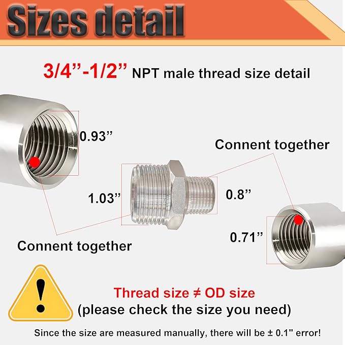 3/4” Male x 1/2"Male NPT Threaded Reducing Nipple Pipe Fitting Adapter, Heavy Duty 304 Stainless Steel Hex Nipple Reducer Straight Connector Pipe Adapter (3/4”-1/2”)