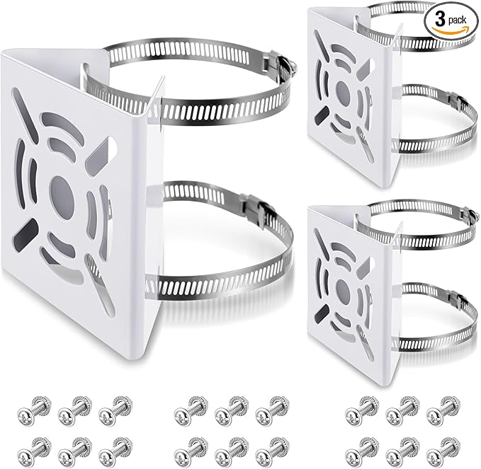 3 Pcs Universal Vertical Pole Mount for Security Camera Wall Mounting Bracket with 6 Loops Solid Metal Pole Bracket for CCTV Camera Indoor Outdoor Solar Panel LED Wall/ Stage Light (White)