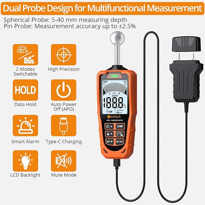 Neoteck 2-in-1 Dual Probe Moisture Meter 40mm Spherical Moisture Reader & ±2.5% Accuracy Pin Moisture Meter with LCD Display and Audio Alarm for Wood Wall Concrete Drywall Firewood Lumber