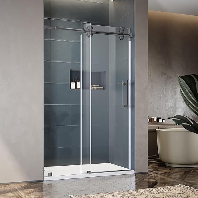 46-49 Inch x 76 Inch Sliding Frameless Shower Door, 3/8" Tempered Glass with Easy-Cleaning Coating, Stainless Steel Rollers & SGCC-Certified Stability, Space Gray
