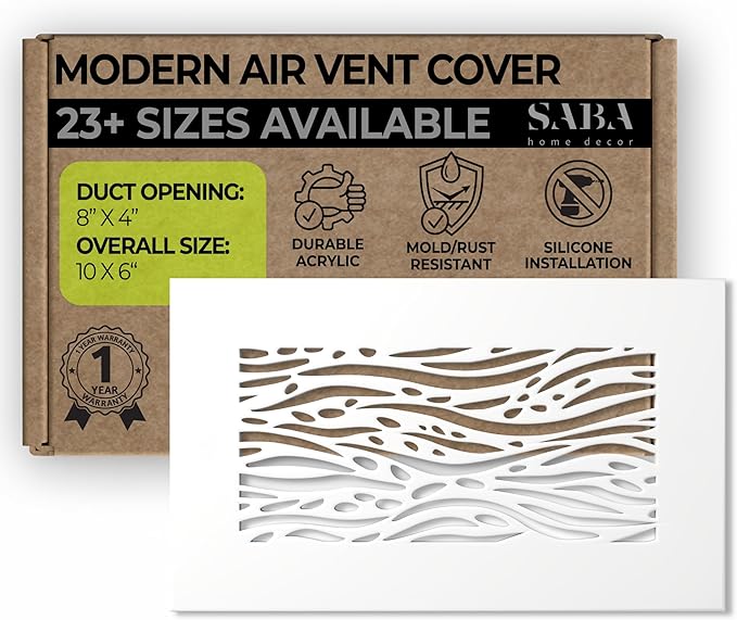 SABA Home Decor White Air Vent Cover - Acrylic Plexiglass 4 x 8 Duct Opening (6 x 10 Overall) Return Grille Decorative Covers for Walls & Ceilings NOT for Floor USE, Waves