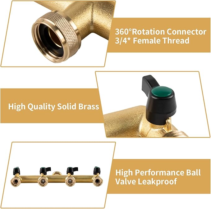 Heavy Duty Solid Brass 4 Way Hose T Tap Connection with 4 Individual On/Off Valve and Extended Handle, Garden Outdoor Pipe Tap Splitter