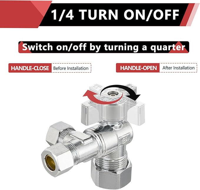 (Pack of 2) EFIELD 1/4 Turn Dual Compression Outlet Angle Stop Valve,1/2" NOM (5/8" OD) x (3/8 inch x 3/8 inch), Chrome Plated Brass Made,(VALVE206)