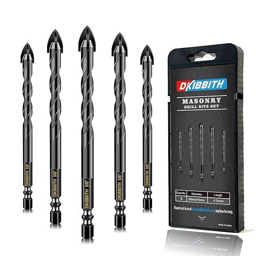 5 Pcs 3/8" Masonry Concrete Drill Bit Set for Tile Brick Glass Plastic Wood, Cross Tungsten Carbide Tip, Hex Shank, Work with Ceramic Porcelain Tile Wall Mirror Paver, 3/8 Inch Drill Bits, 10mm