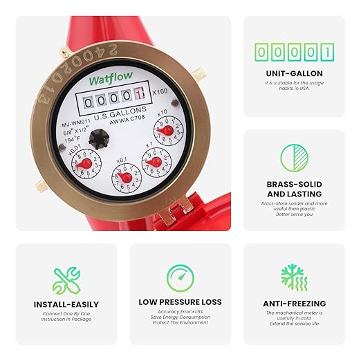 Watflow DN15 Water Meter 1/2" NPT,AWWA C708 Certification Gallon Water Flow Meter, Hot Water Meter for Garden/Home/Apartment, Horizontal Install.