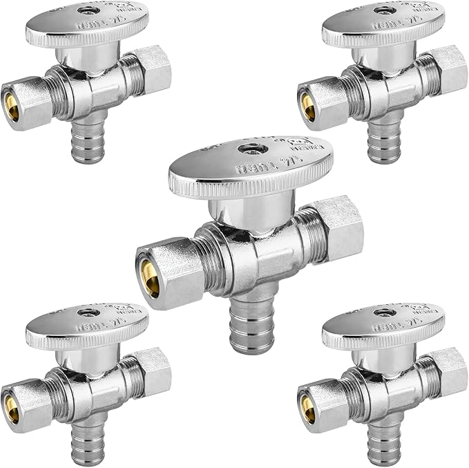 5-PCs HeSun Dual Compression Outlet Angle Stop Valve, 1/2" PEX-B x 3/8" OD Comp x 3/8" OD Comp, 1/4-Turn Shut Off Valve for Bathroom, ASTM F1807(VALVE125-5)