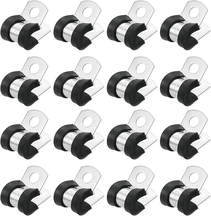 uxcell 1/4"(6mm) Cable Clamp, 304 Stainless Steel Rubber Cushioned Insulated R Shape Metal Clamp Tube Holder for Pipe Hose Wire Cord Installation 16Pcs