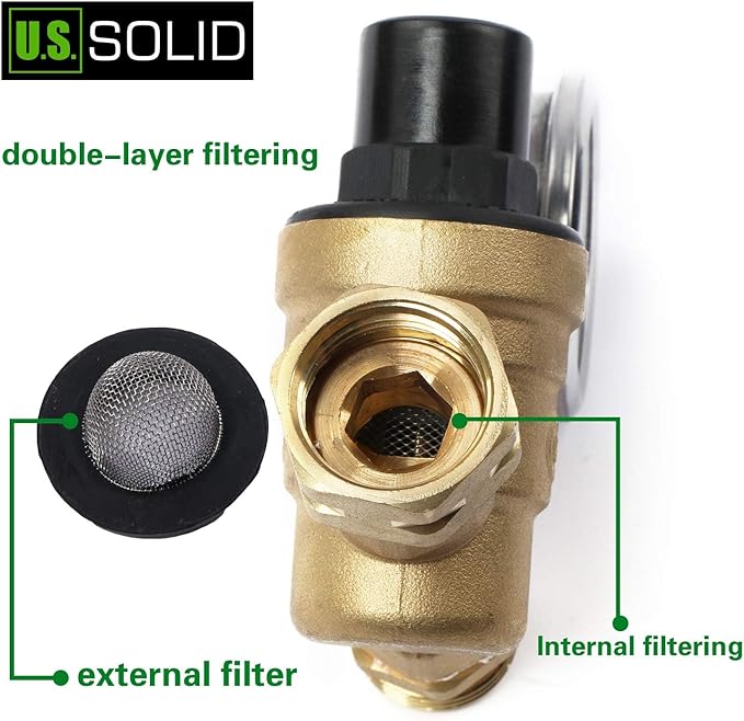 U.S. Solid 3/4" GHT RV Water Pressure Regulator, Adjustable Lead-Free Brass Water Regulator Valve with Gauge & Filter for RV, Camper & Garden Hose(20-PACK)